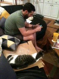 Jeff and Olive, his cat. He called her hobo cat because she was hanging out on a cardboard box with some bubble wrap.